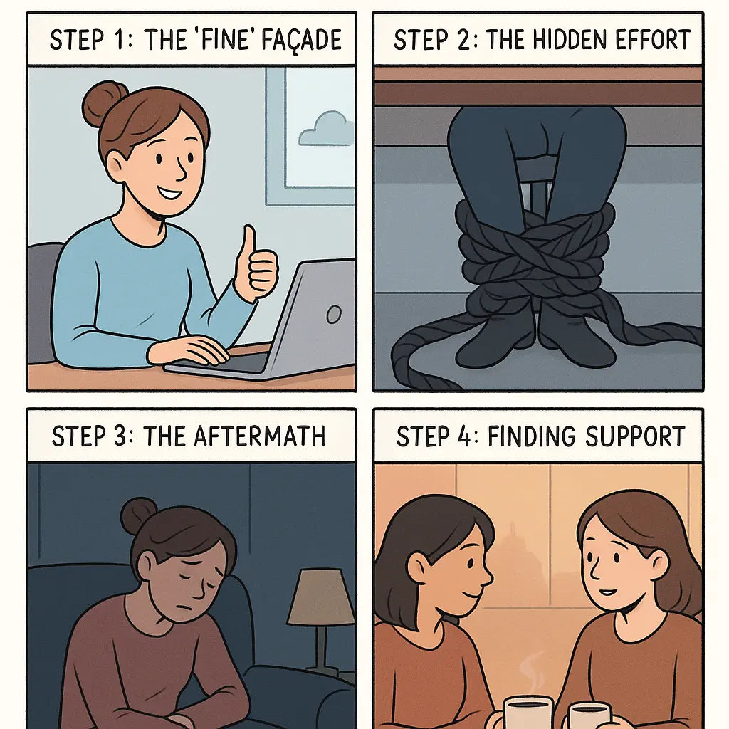 Four-panel comic showing a woman appearing competent at work, her hidden struggle, exhaustion at home, and finding relief with a supportive friend.