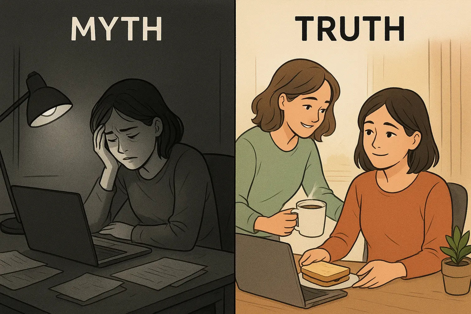 A diptych showing a woman alone at a messy desk in monochrome versus the same woman receiving coffee from a caring friend in colour.