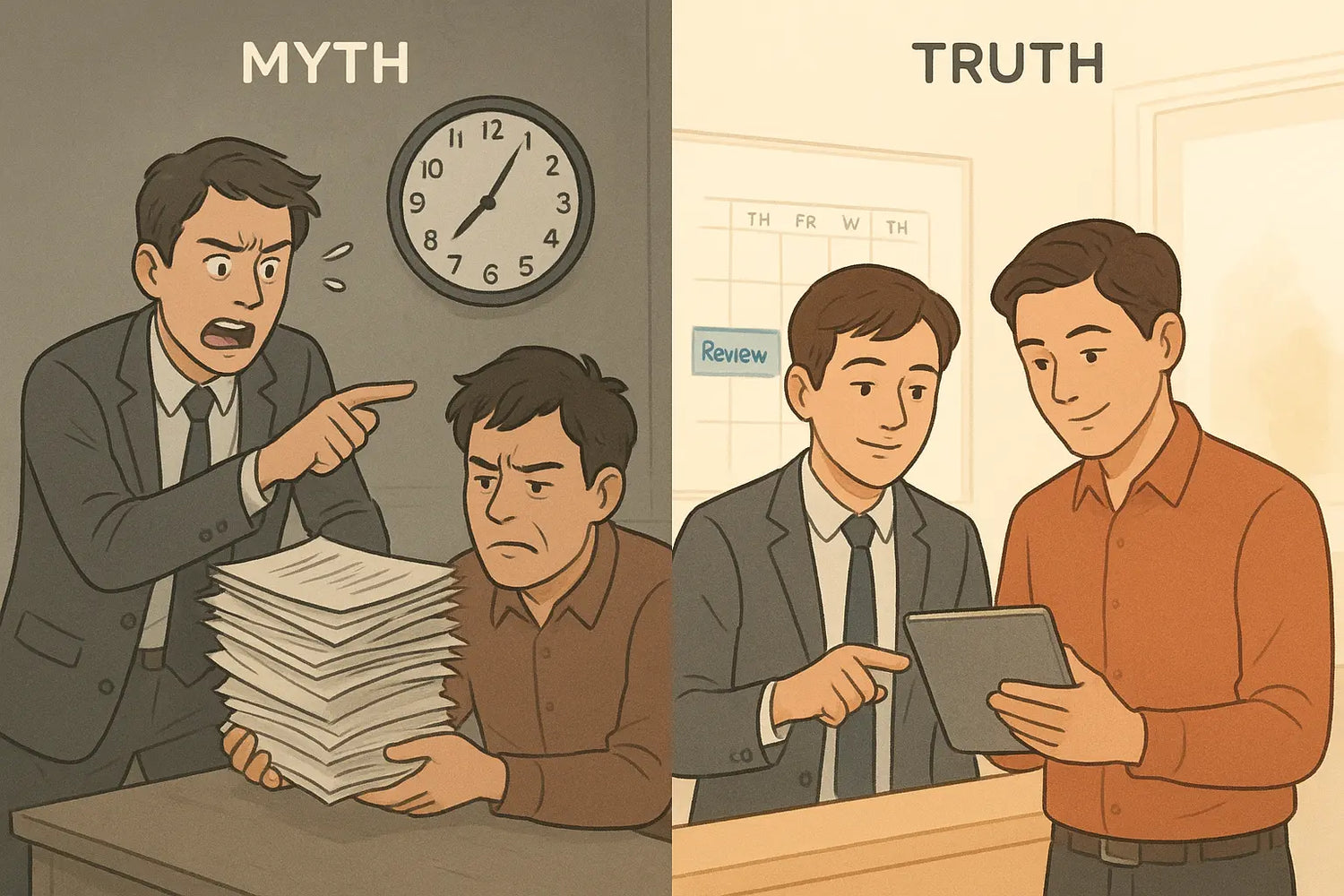 Side-by-side comparison showing stressed last-minute delegation versus calm, planned delegation with buffer time for rework