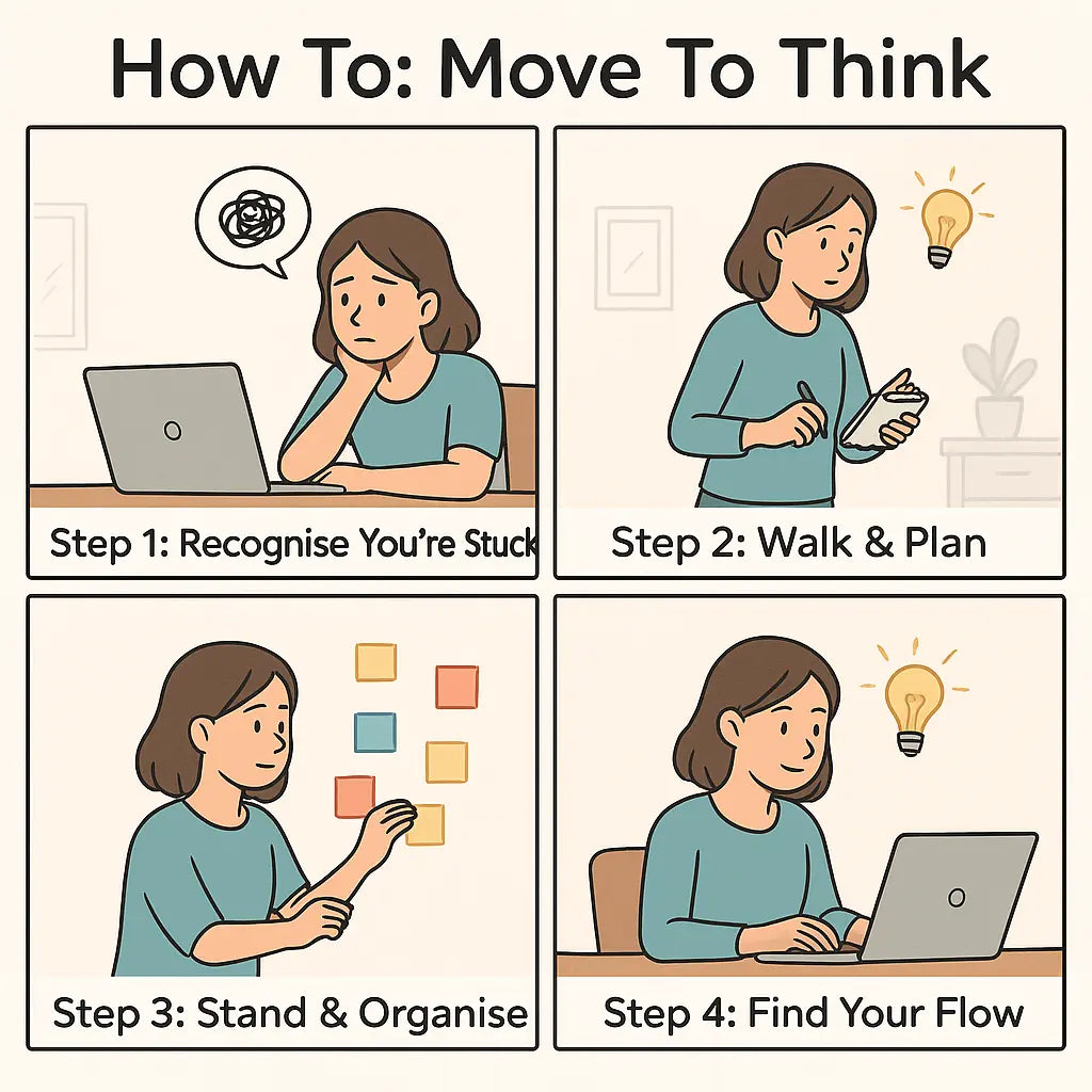 A woman transitions from frustrated desk work to focused productivity through movement, shown in four illustrated steps from stuck to flow.