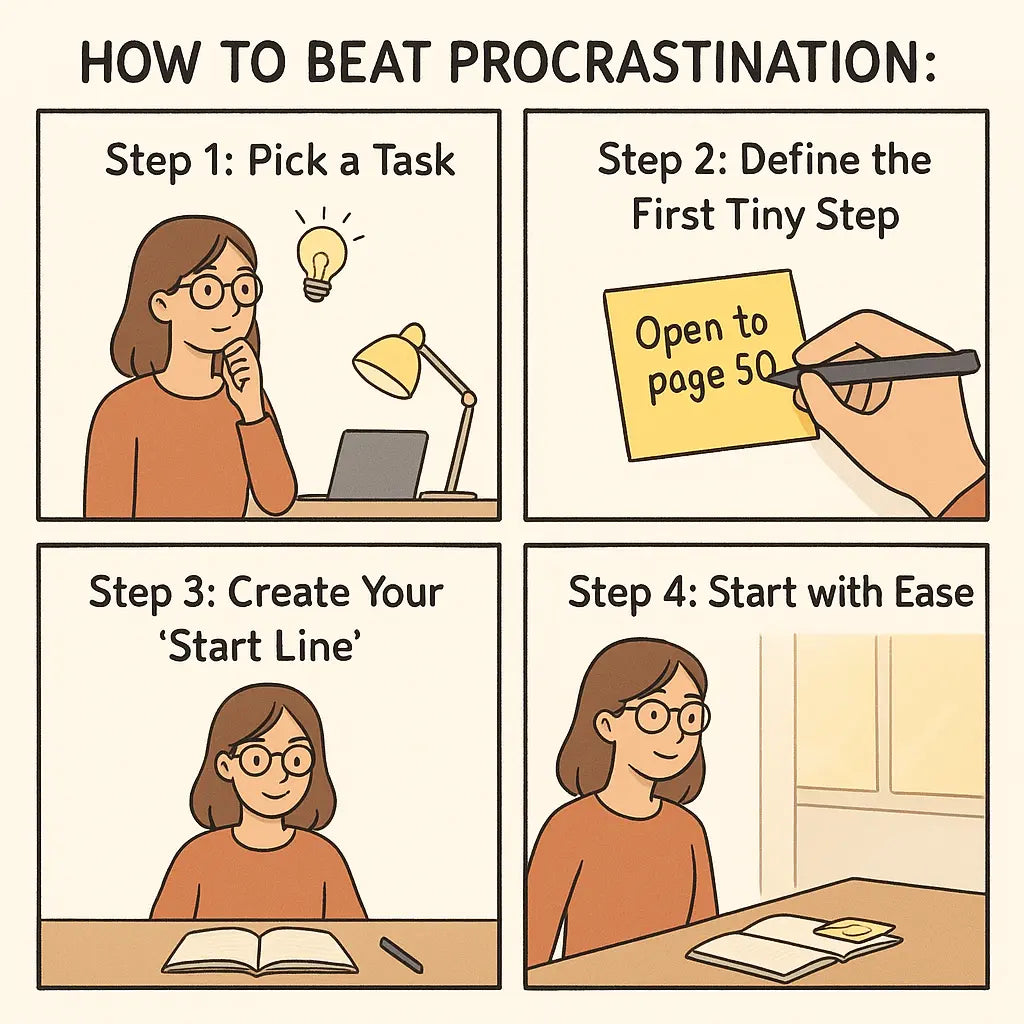 Four-panel comic showing a woman using the Start Line Ritual: picking a task, defining the first step, preparing her desk, and starting easily the next morning