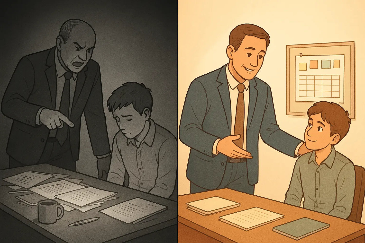 Side-by-side comparison showing harsh correction versus kind teaching approach in an office setting