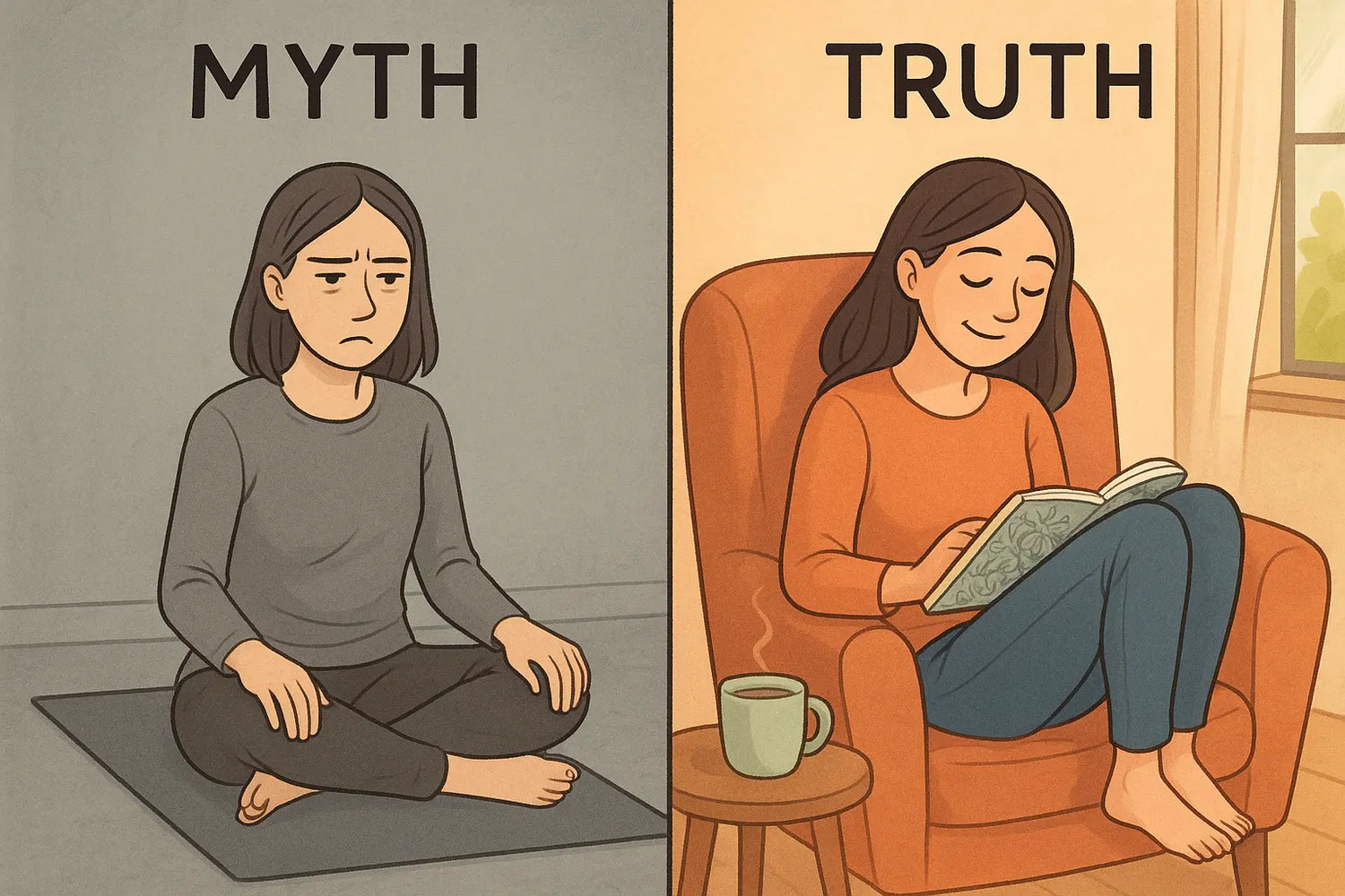 Split image showing frustrated meditation attempt versus peaceful colouring in a cosy chair, illustrating neurodivergent relaxation needs