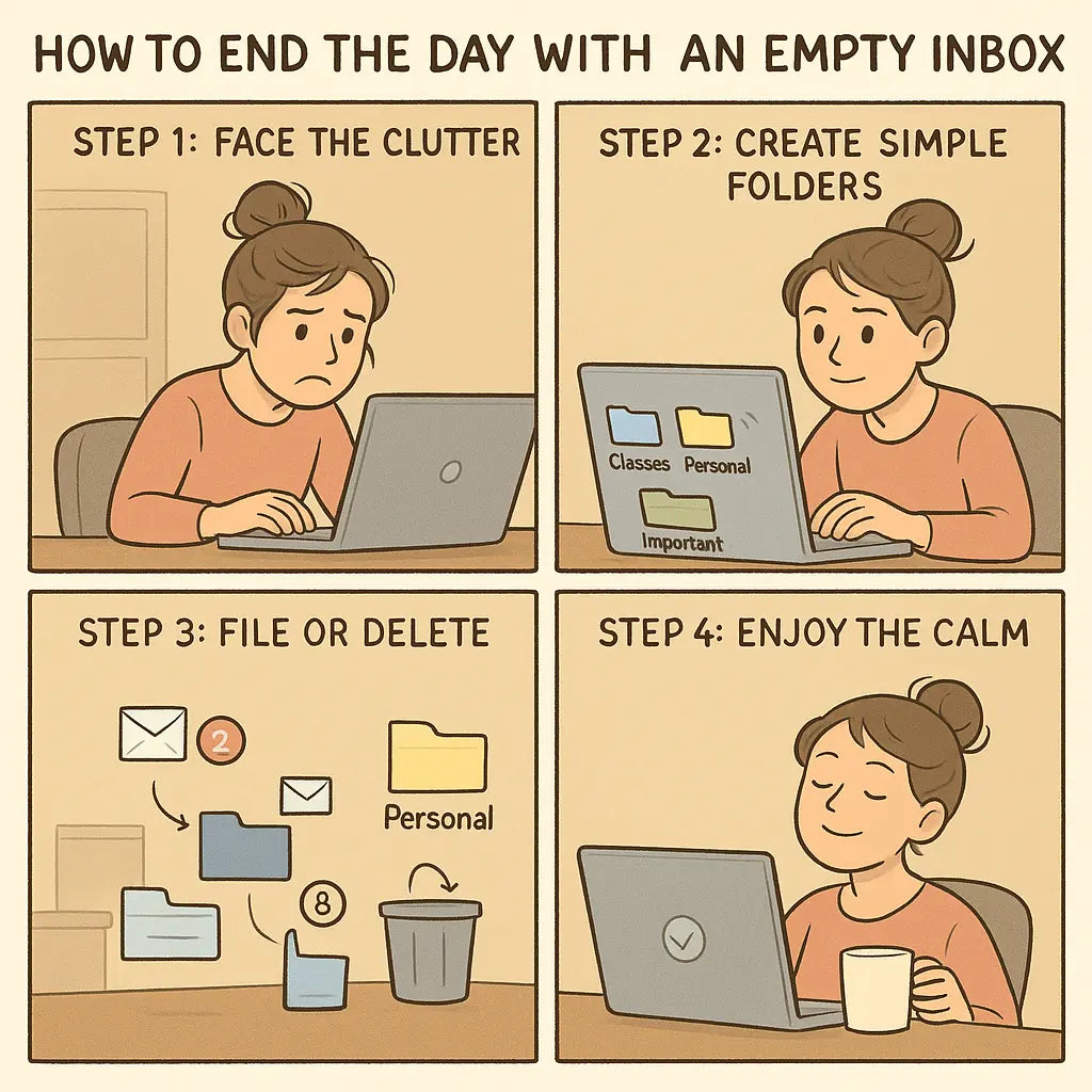 A university student transforming from stressed to calm after organising her email inbox into folders and achieving inbox zero.