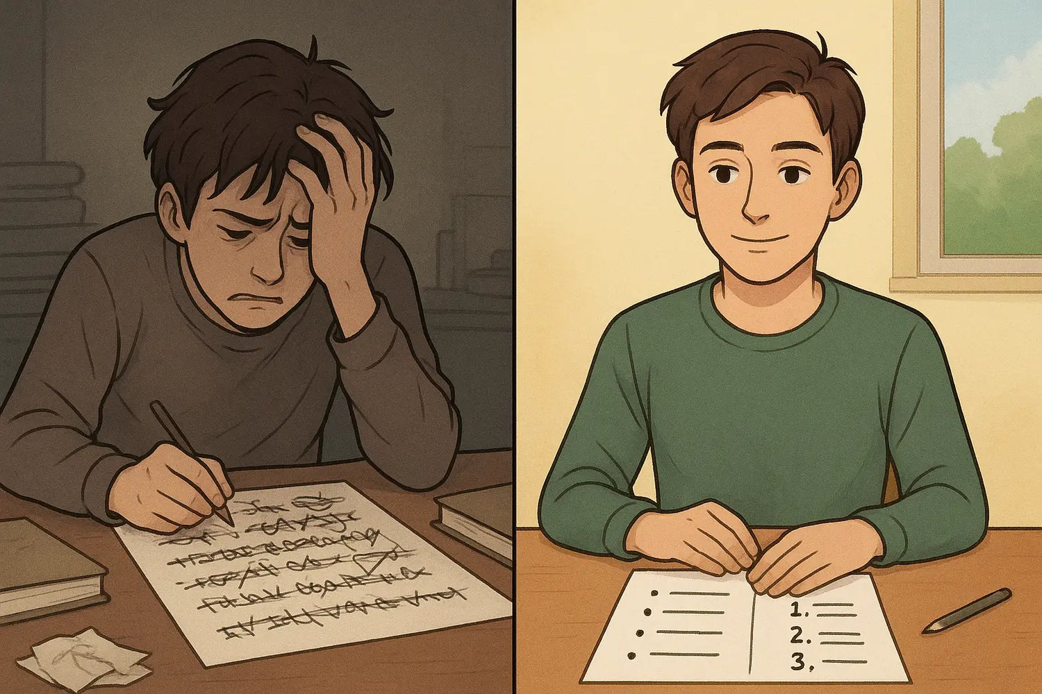 Split image showing stressed student with chaotic notes versus calm student using organised list-and-number method