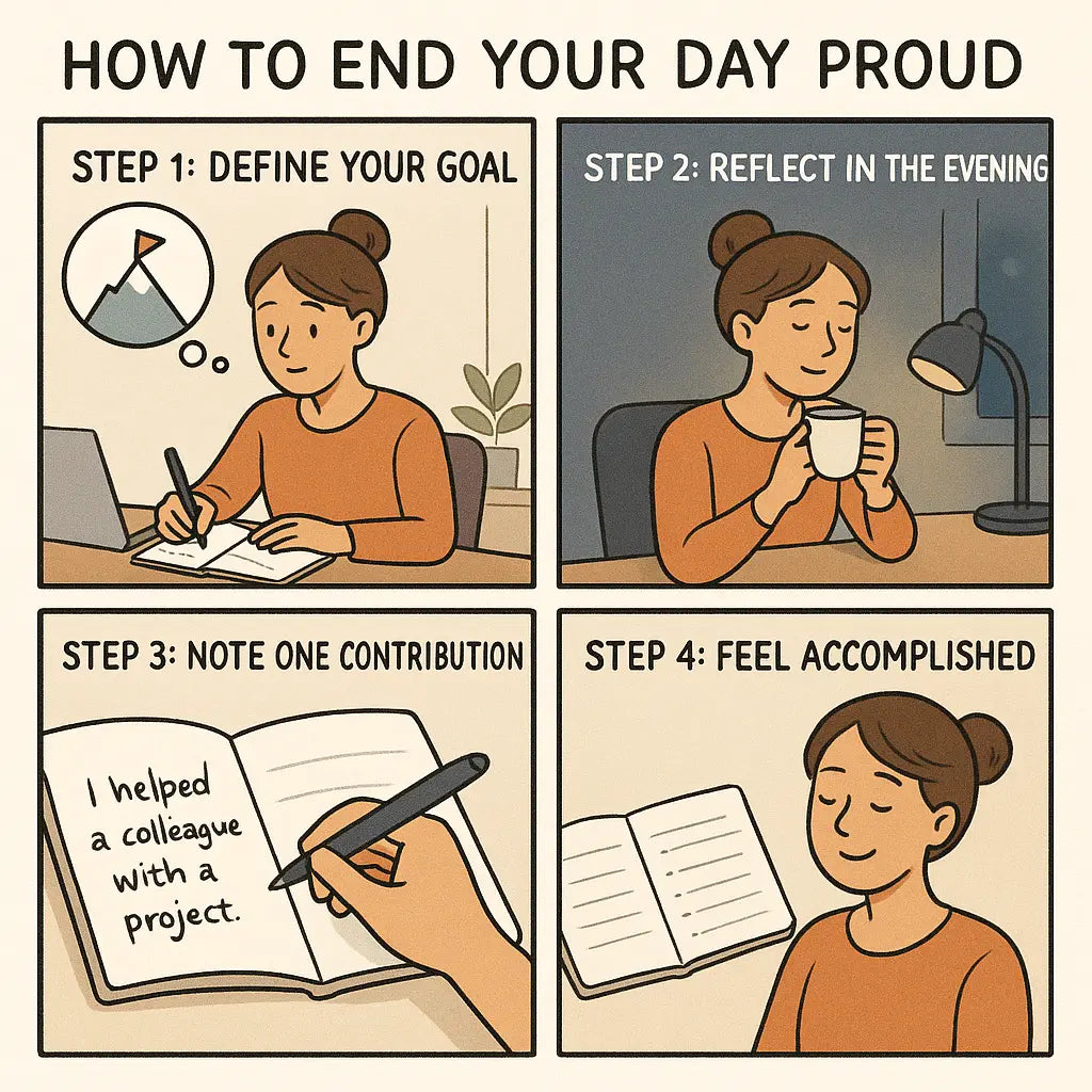 Four-panel comic showing a woman defining her goal, reflecting in the evening, writing in a journal, and feeling accomplished by her progress