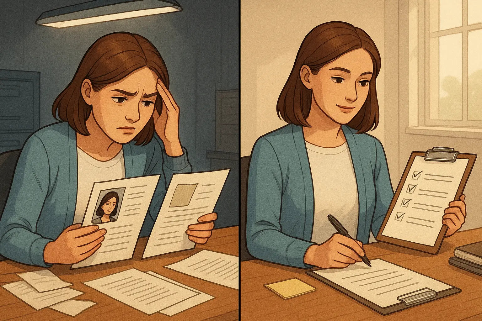 Split image showing a manager making biased hiring decisions, then confidently using a blind checklist system with covered names and photos