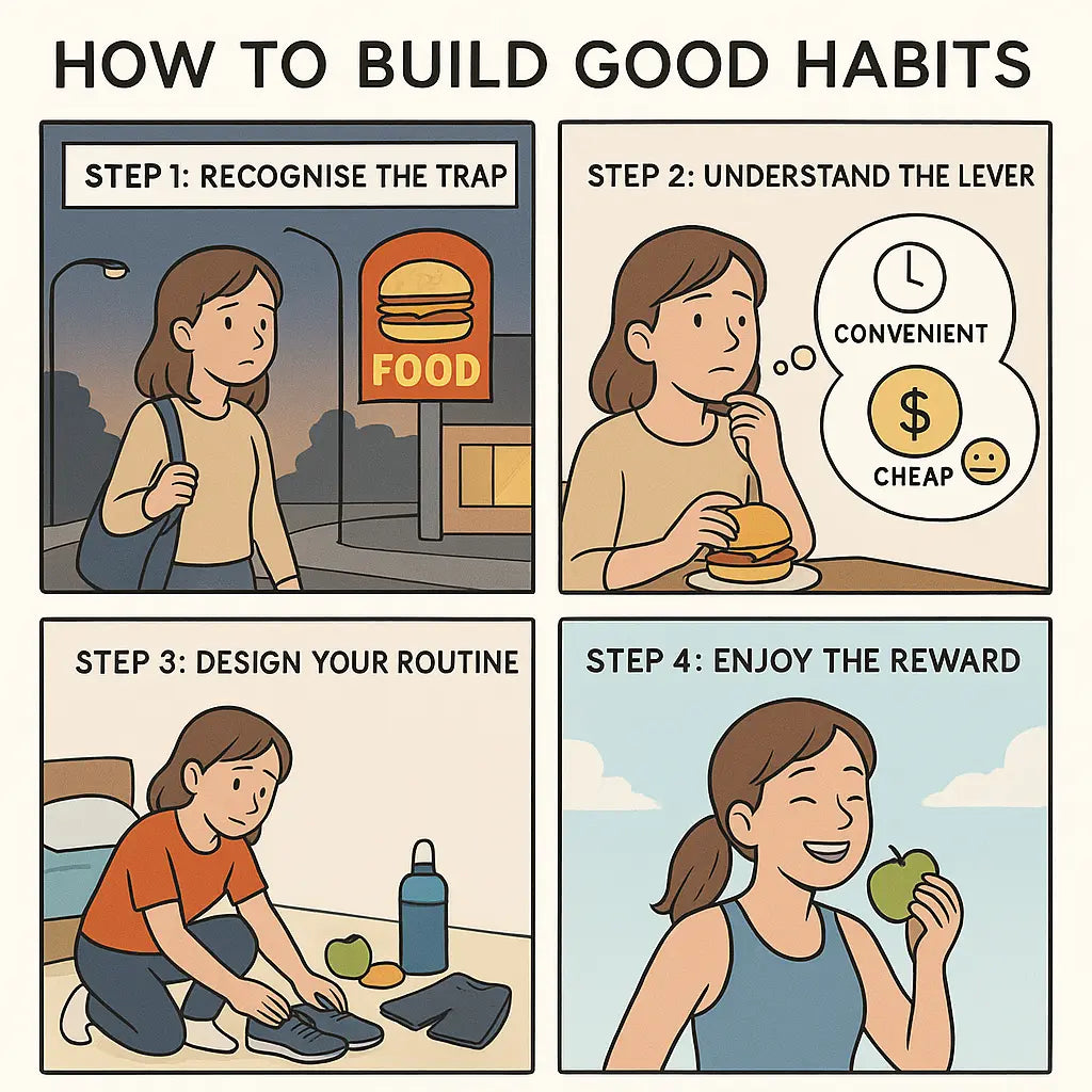 Four-panel comic strip showing a woman learning to apply fast food psychology principles to build a healthy morning workout routine