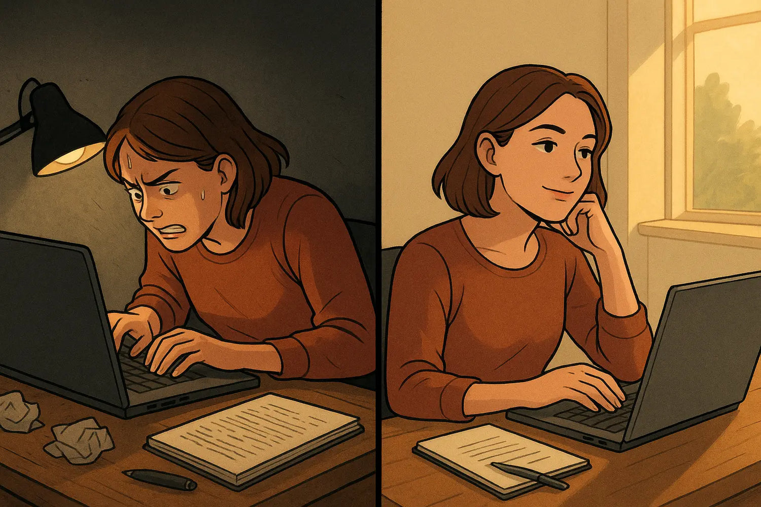 Woman's transformation from stressed, frantic typing to calm, organised note-taking after implementing thinking breaks at her laptop.