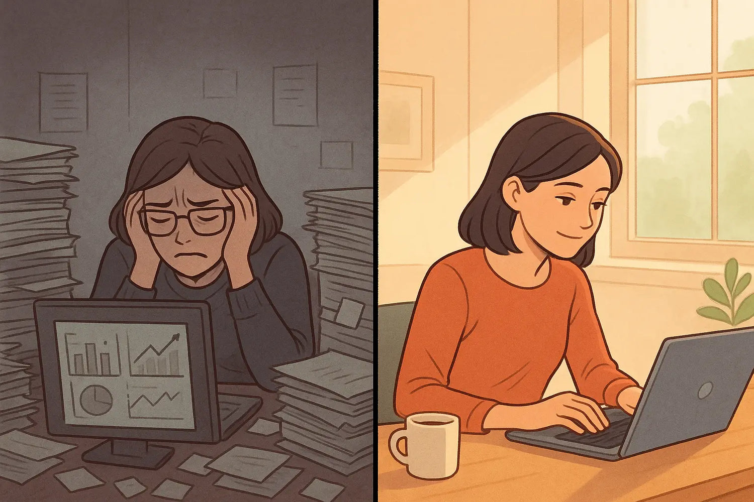 Woman at desk comparing stressed, chaotic workspace on left with calm, organised flow state on right