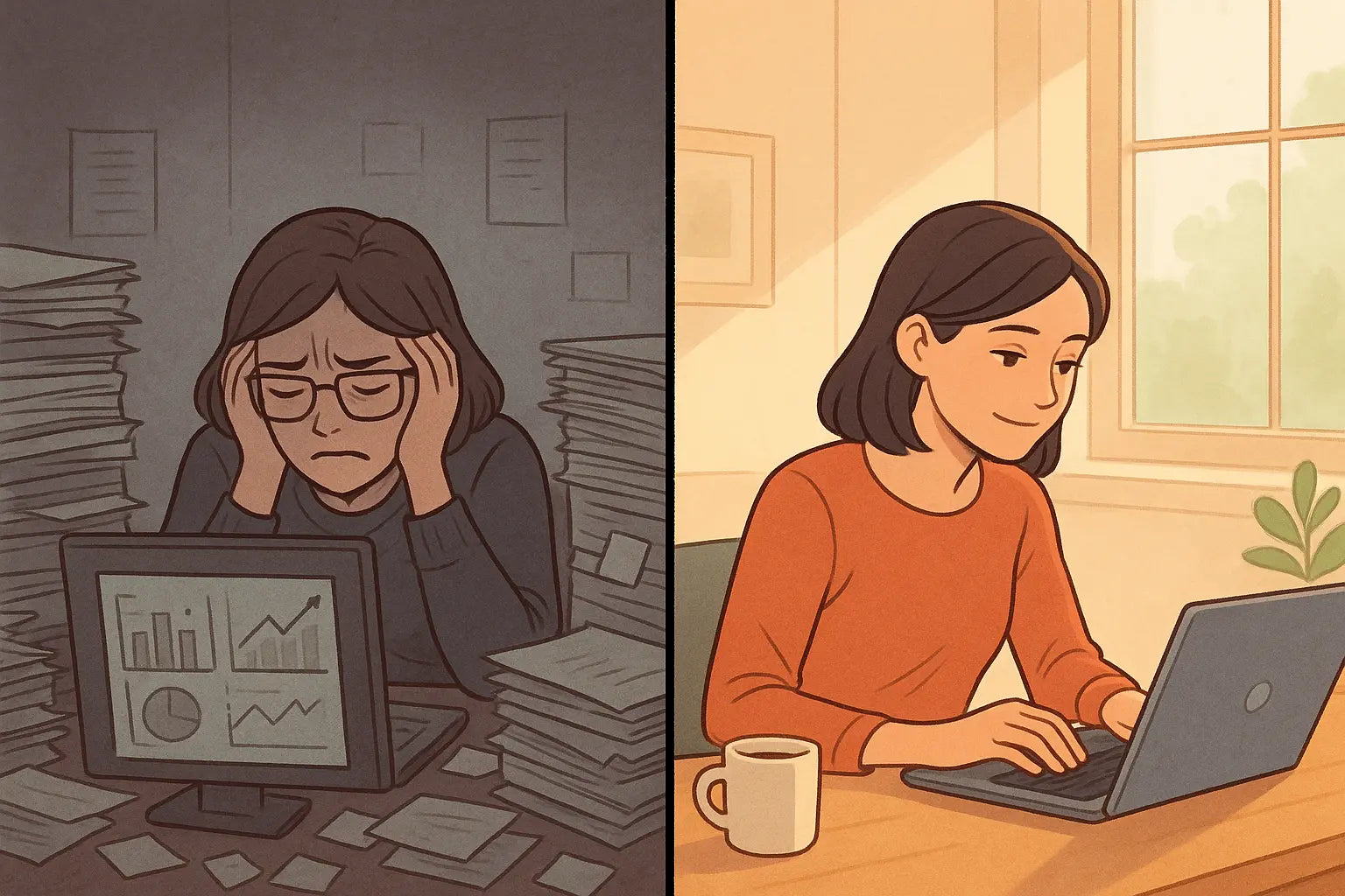 Woman at desk comparing stressed, chaotic workspace on left with calm, organised flow state on right