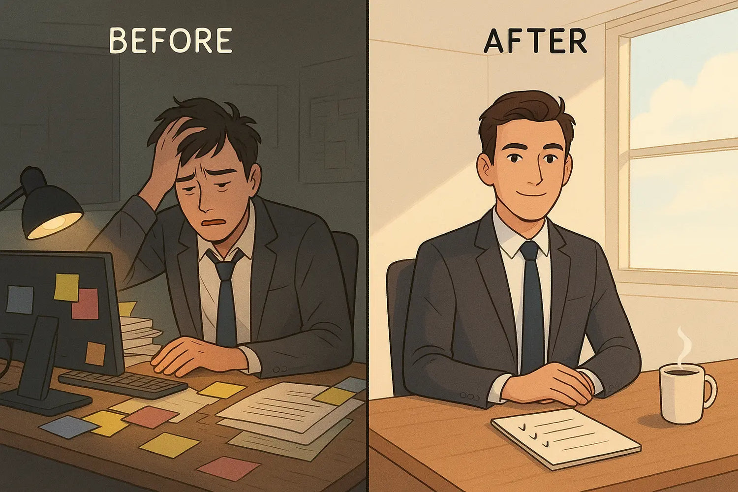 Split-panel illustration of a manager transforming from stressed at a cluttered desk to calm at an organised workspace