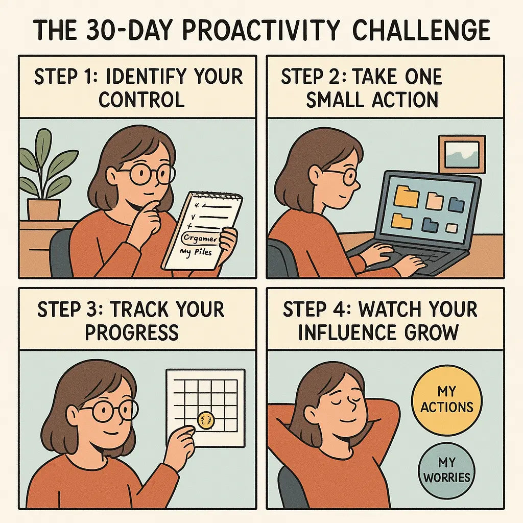 Woman completing a four-step proactivity challenge, from identifying control to feeling calm as her influence grows and worries shrink