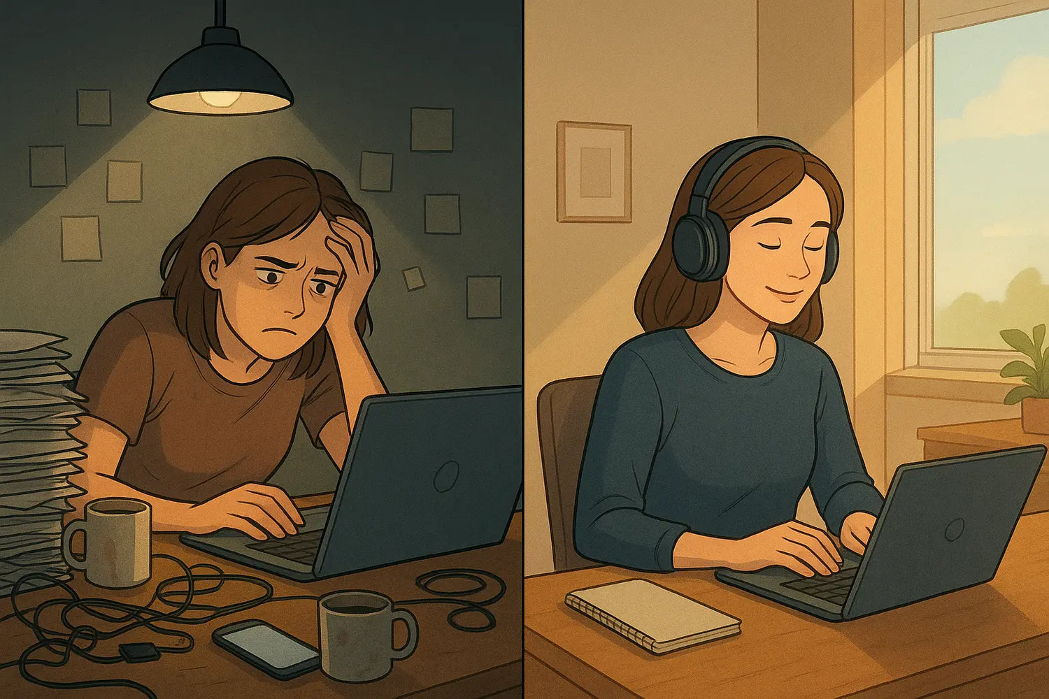 Split panel showing a woman's workspace transformation from cluttered chaos to organised calm, illustrating before and after focus states.