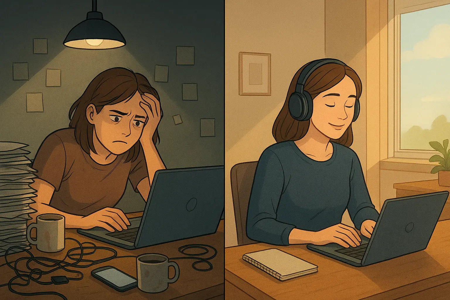 Split panel showing a woman's workspace transformation from cluttered chaos to organised calm, illustrating before and after focus states.