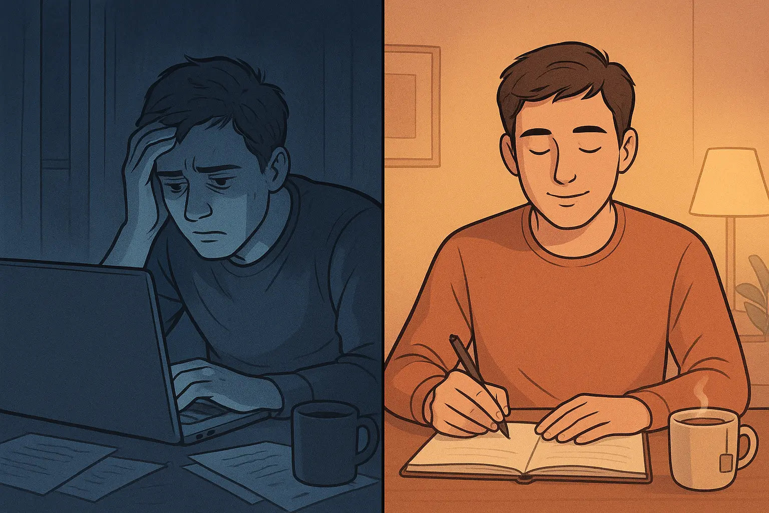 A diptych showing a stressed man working late with caffeine versus a calm evening routine with journaling and herbal tea for better focus.