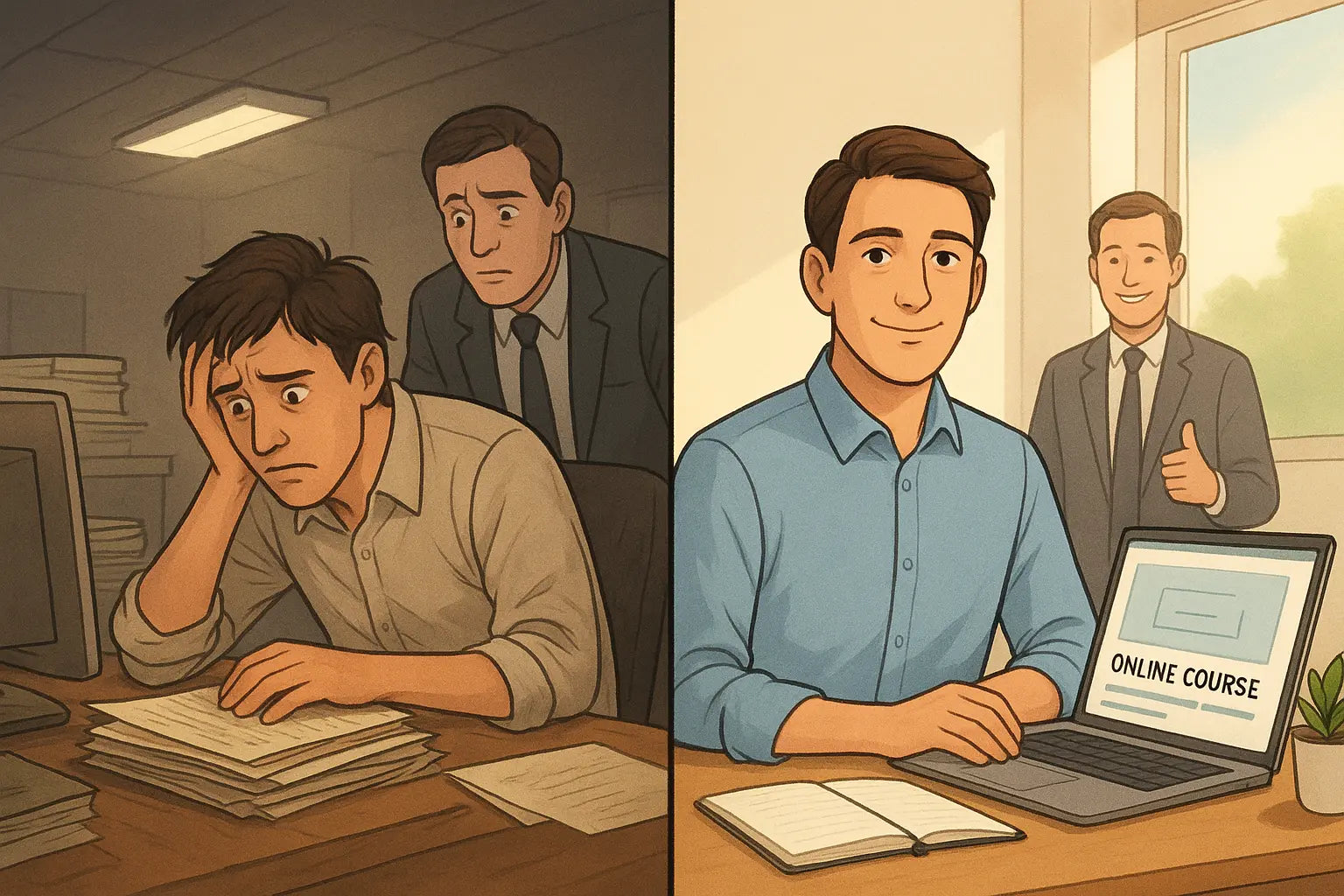 Split-panel illustration showing a professional's transformation from cluttered, worried workspace to confident, organised modern desk with laptop and growth mindset.