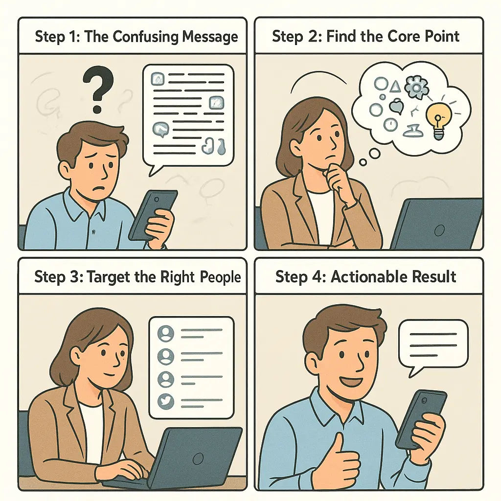 Four-panel comic showing progression from confusing workplace message to clear, targeted communication leading to confident action