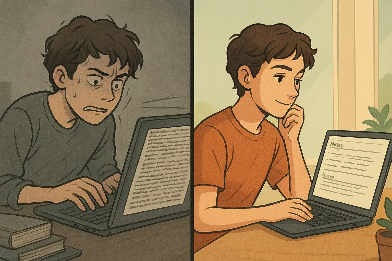 Split illustration showing stressed student typing frantically versus calm student taking thoughtful notes on laptop