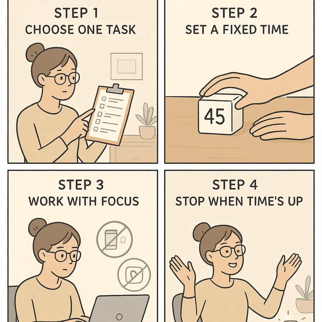 Four-panel comic showing a woman learning to timebox: choosing a task, setting a timer, working with focus, and stopping satisfied when time's up.