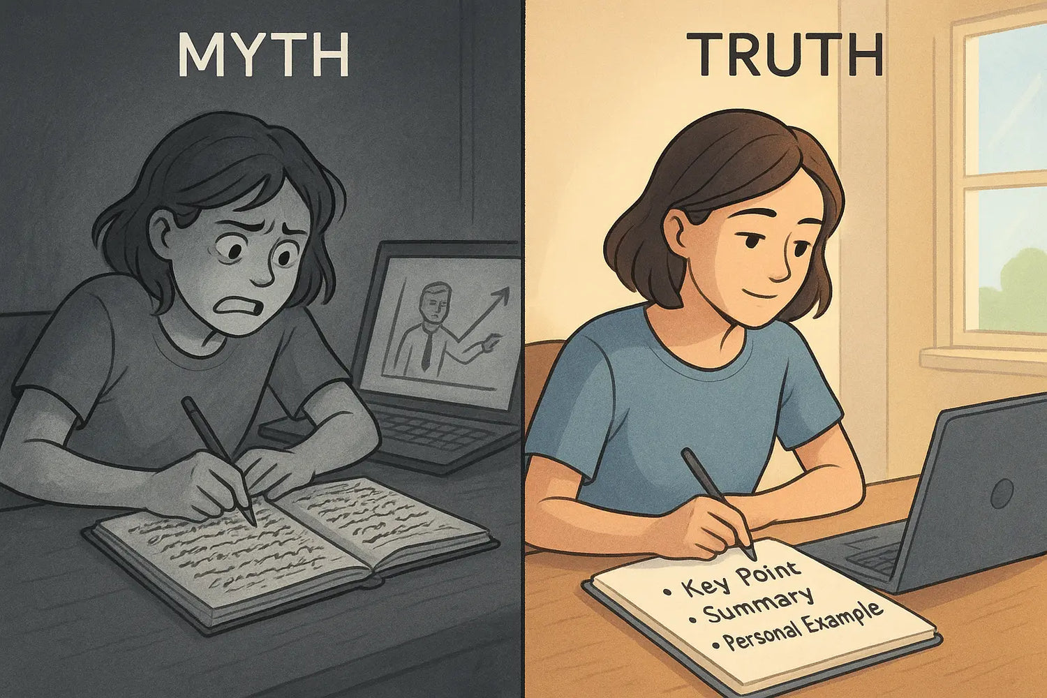 Split illustration showing stressed woman copying text versus calm woman adding personal examples to organised notes