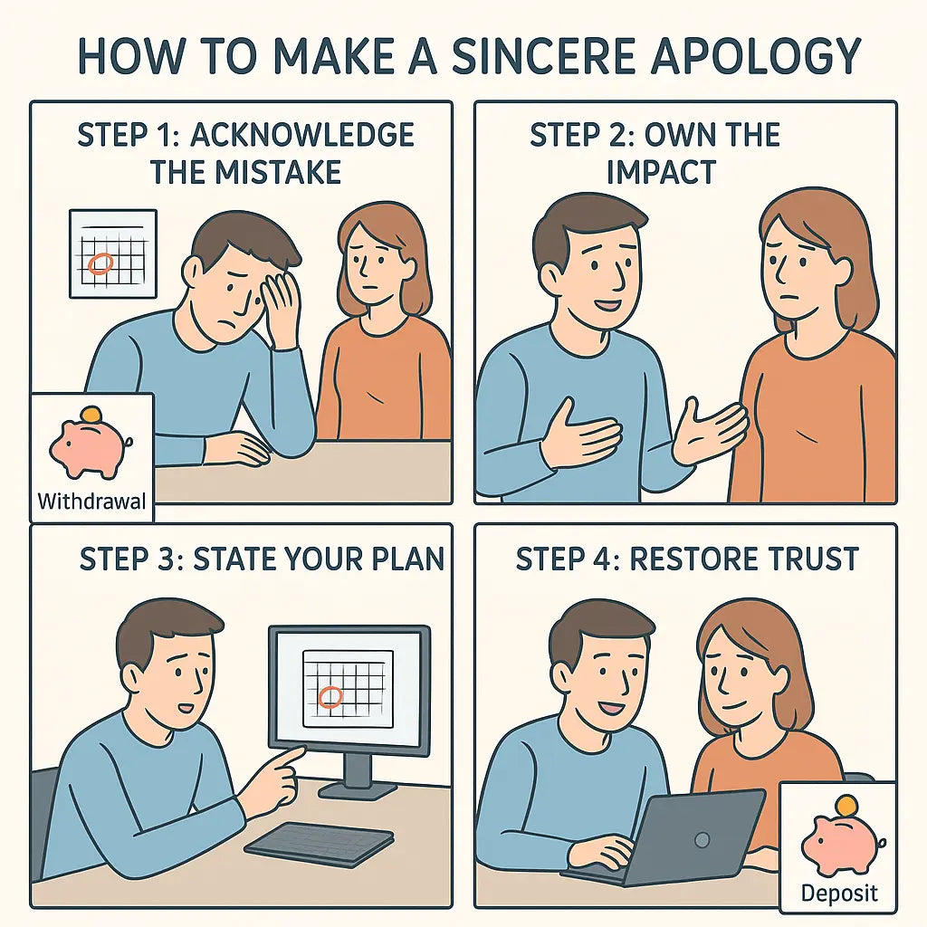 Four-panel comic showing a professional making a sincere workplace apology through acknowledging mistakes and rebuilding trust