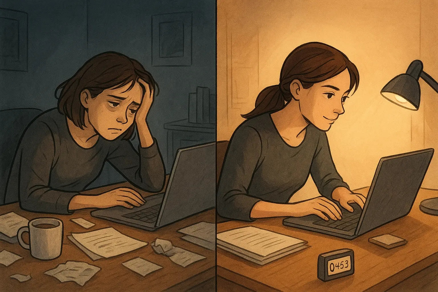 Woman transforms from overwhelmed at desk to focused and productive with visible timer showing deadline approaching