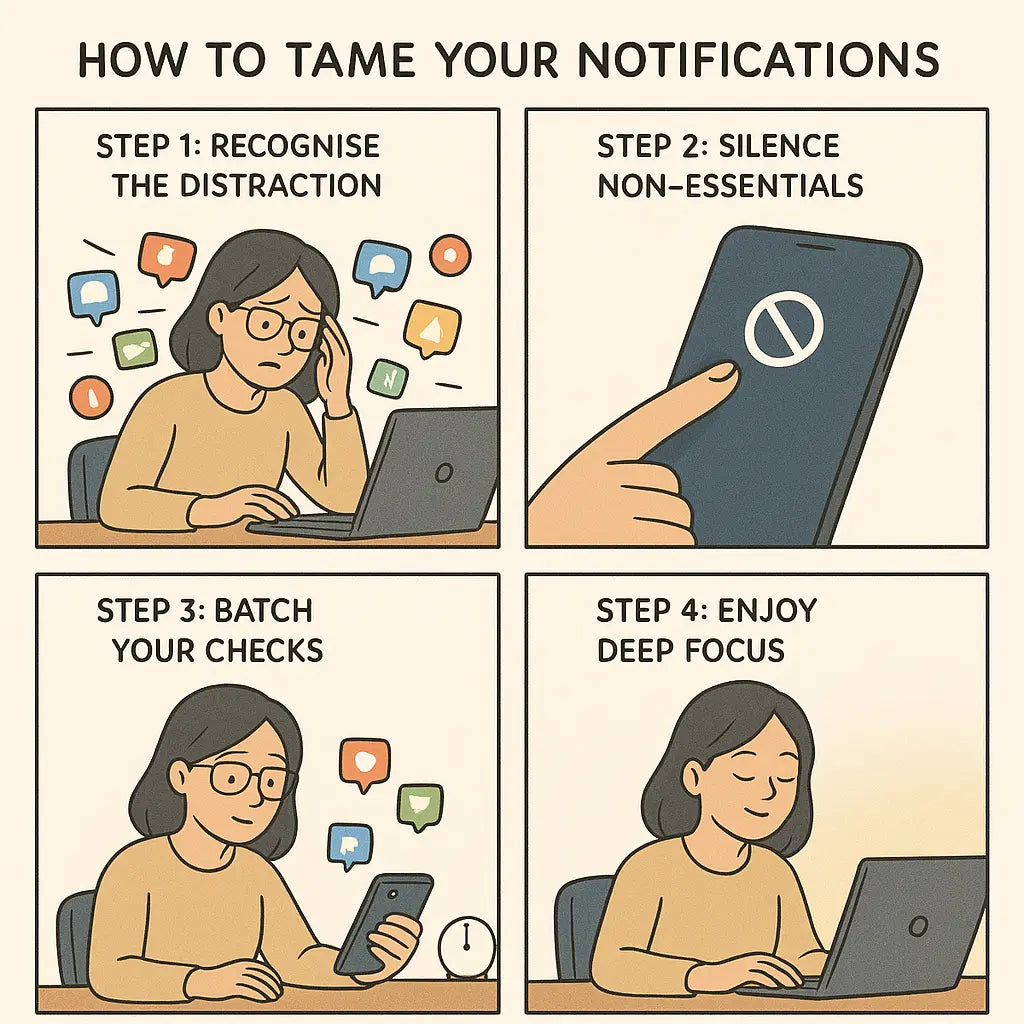 Four-panel comic showing a woman's journey from notification overwhelm to calm focus by silencing alerts and batching message checks