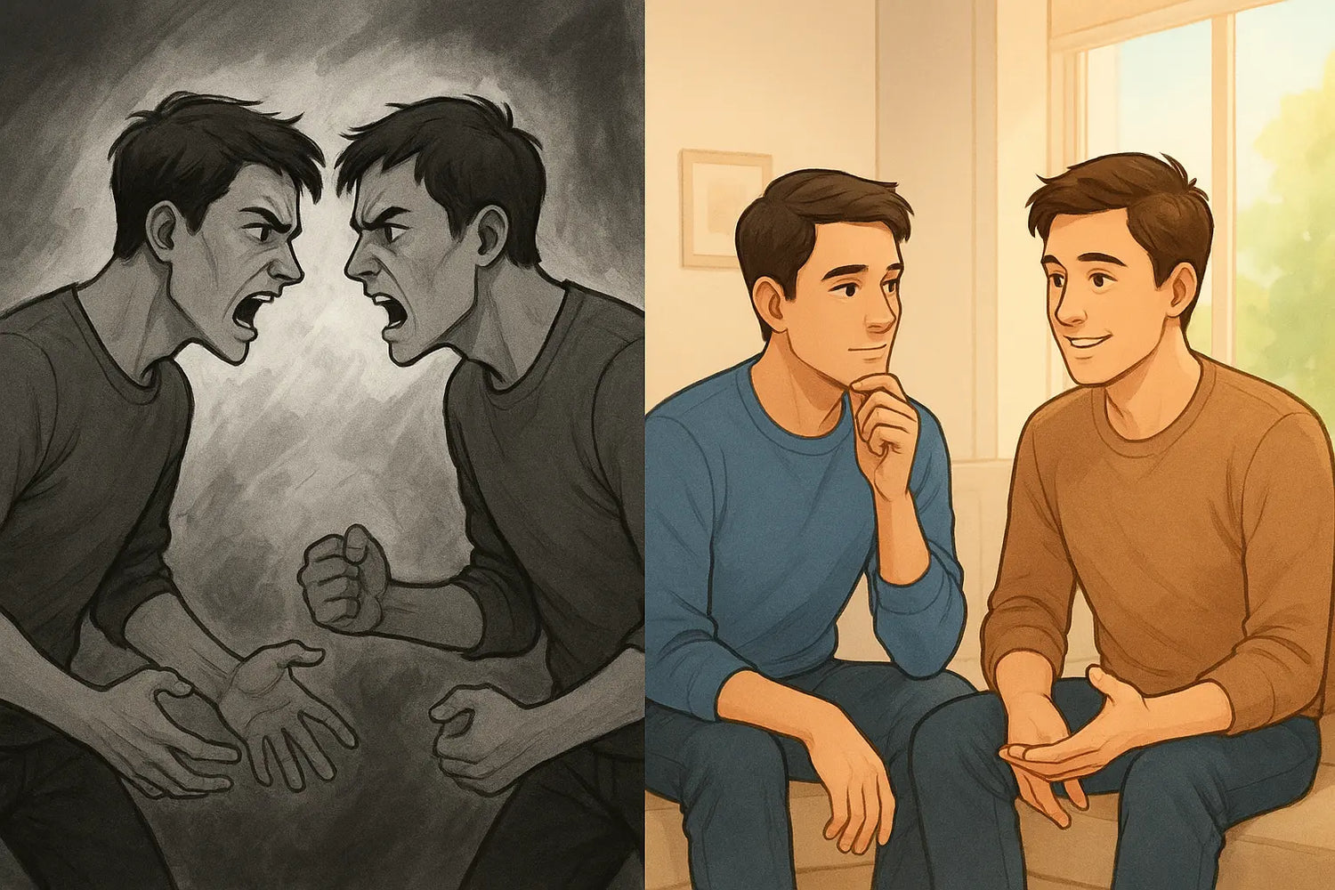 Two young men transform from heated argument to calm dialogue, illustrating how social skills can be taught and learned effectively.