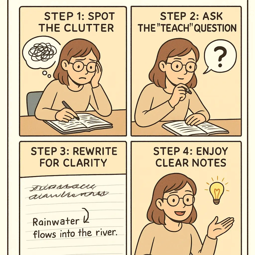 Four-panel comic showing a woman transforming messy, overwhelming notes into clear, teachable lines she can confidently explain.