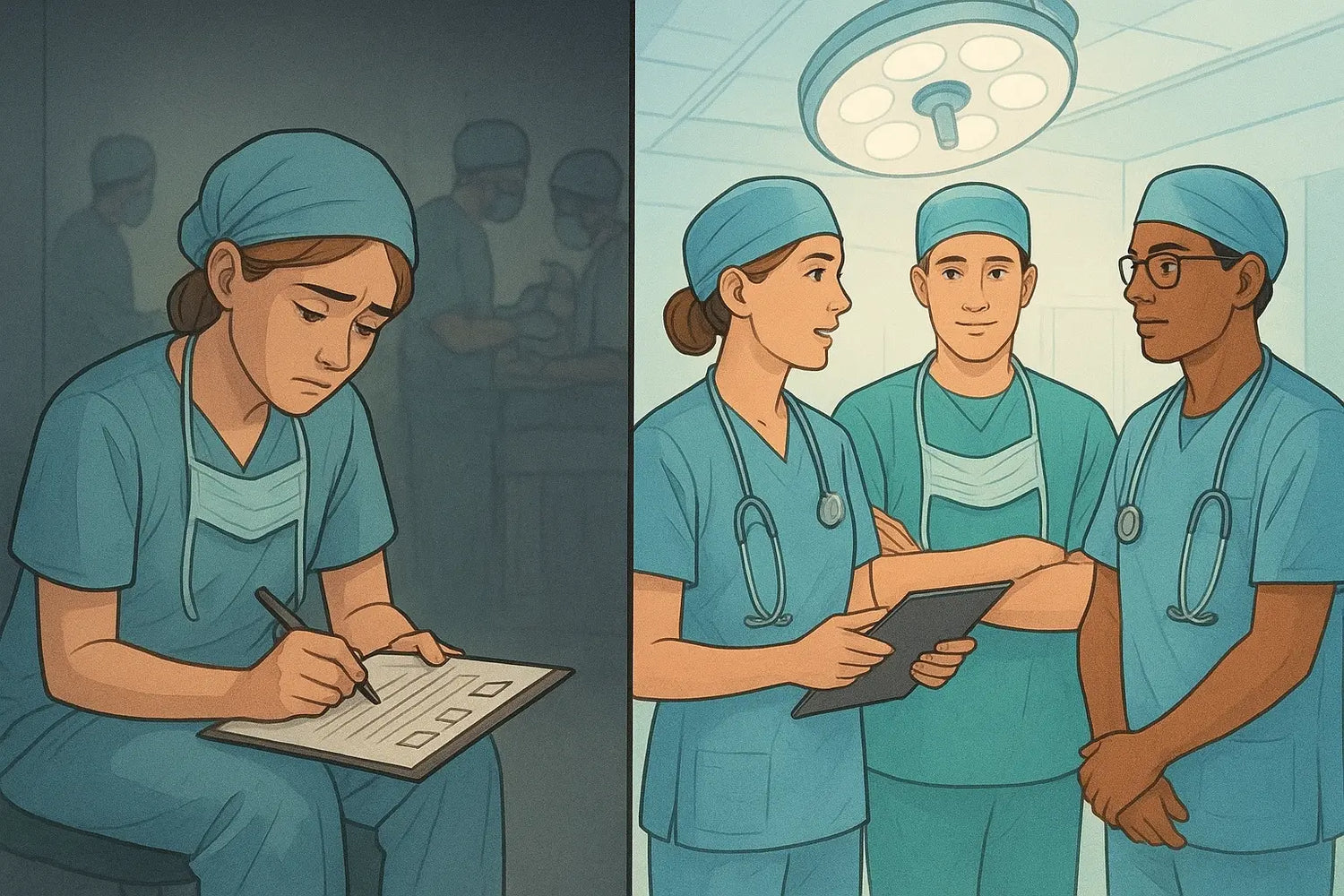 Surgical team standing together in operating theatre, verbally confirming checklist items aloud as a coordinated group