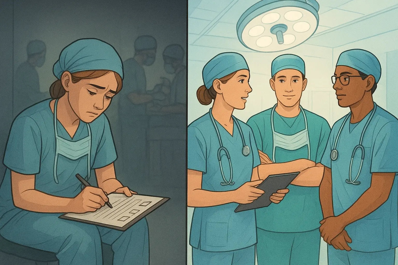 Surgical team standing together in operating theatre, verbally confirming checklist items aloud as a coordinated group