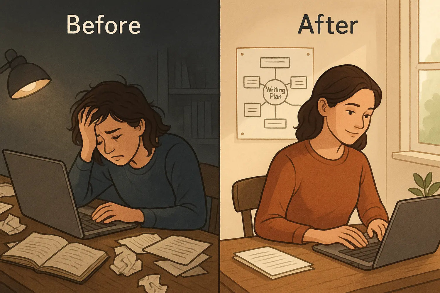 Split illustration showing student transformation from frustrated at messy desk to focused writing at organised desk with clear outline