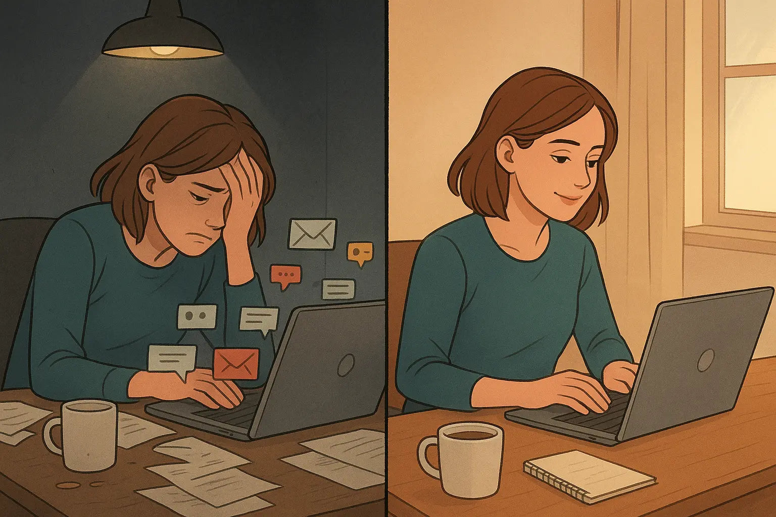 Woman at desk transforming from overwhelmed with notifications to calm and focused during protected work hour