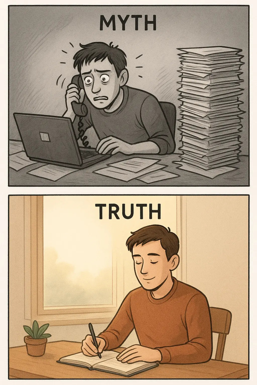 A vertical diptych showing a stressed man multitasking at a cluttered desk in monochrome, contrasted with the same man calmly journaling in a tidy, colourful room.