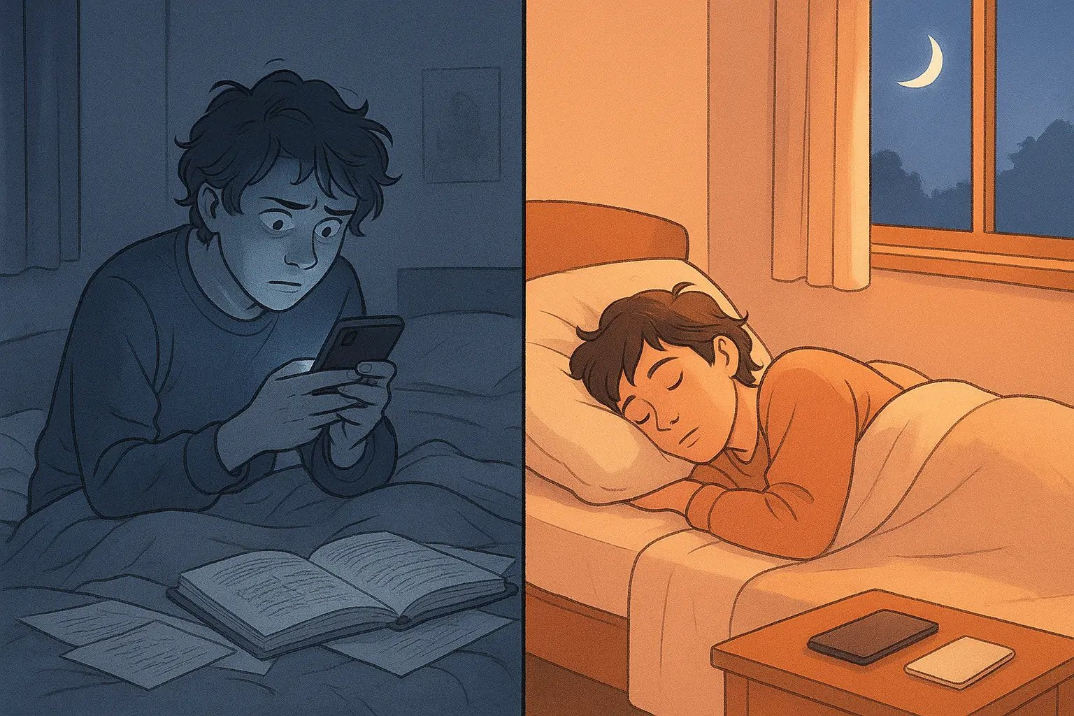 Side-by-side illustration comparing stressful late-night phone cramming in bed versus peaceful sleep after organised study
