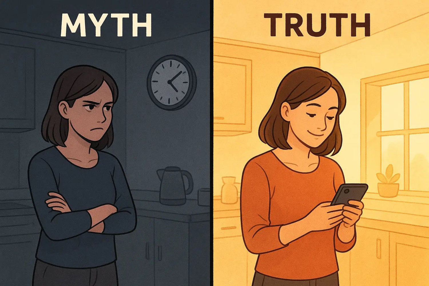 A woman in a bright kitchen smiles at a reassuring text message from her partner about running late, illustrating trust and teamwork in relationships.