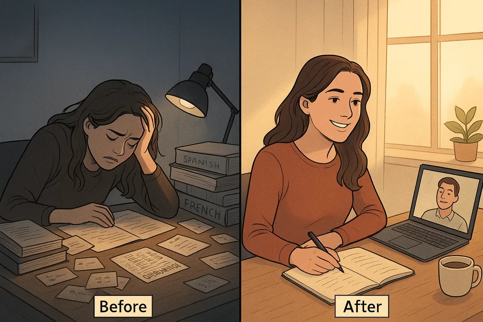 Split-panel showing a woman transforming from overwhelmed by language books to confidently speaking on a video call with one organised notebook.