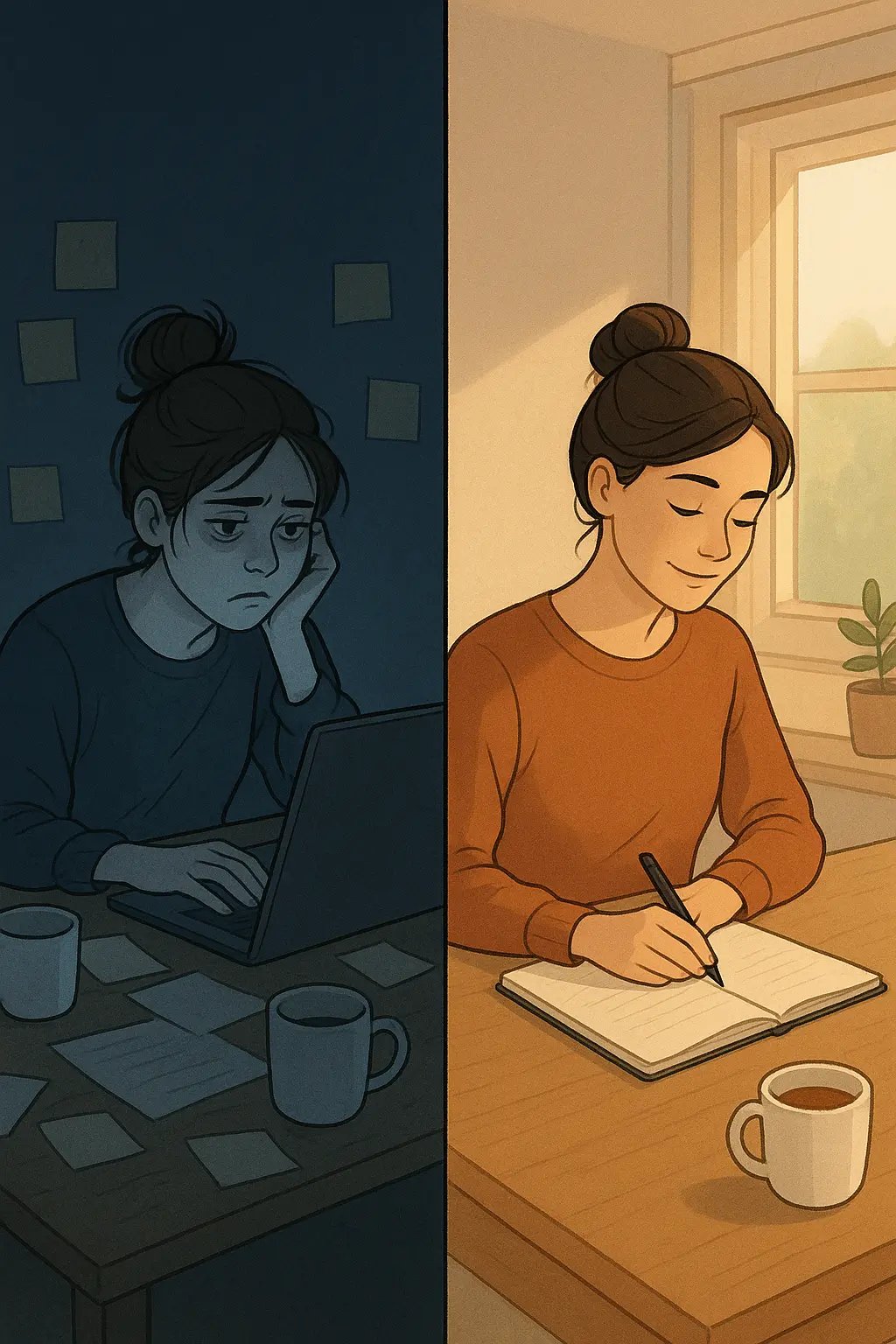 Woman transforming from overwhelmed at chaotic desk to calm and focused while writing at tidy desk