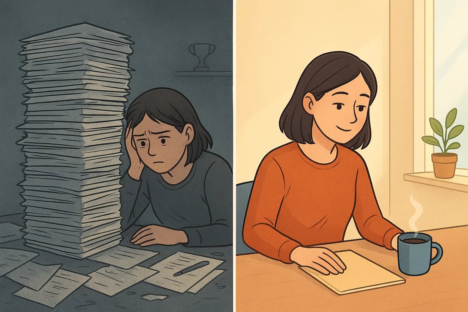 Woman at desk transforming from overwhelmed by large task pile to calm completing small task with tea reward