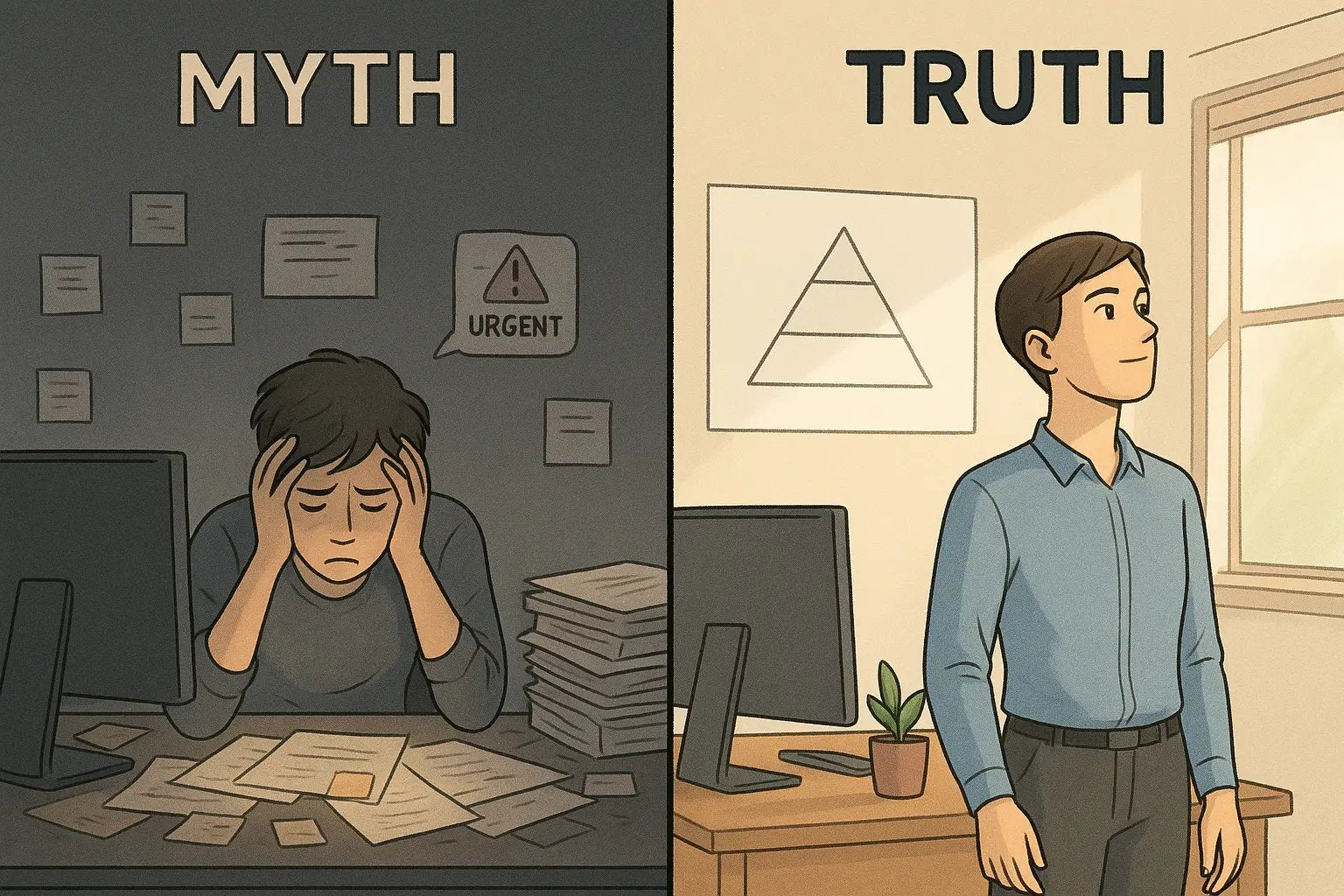 Side-by-side comparison showing an overwhelmed professional with chaotic tasks transforming into a calm, focused person aligned with their goals