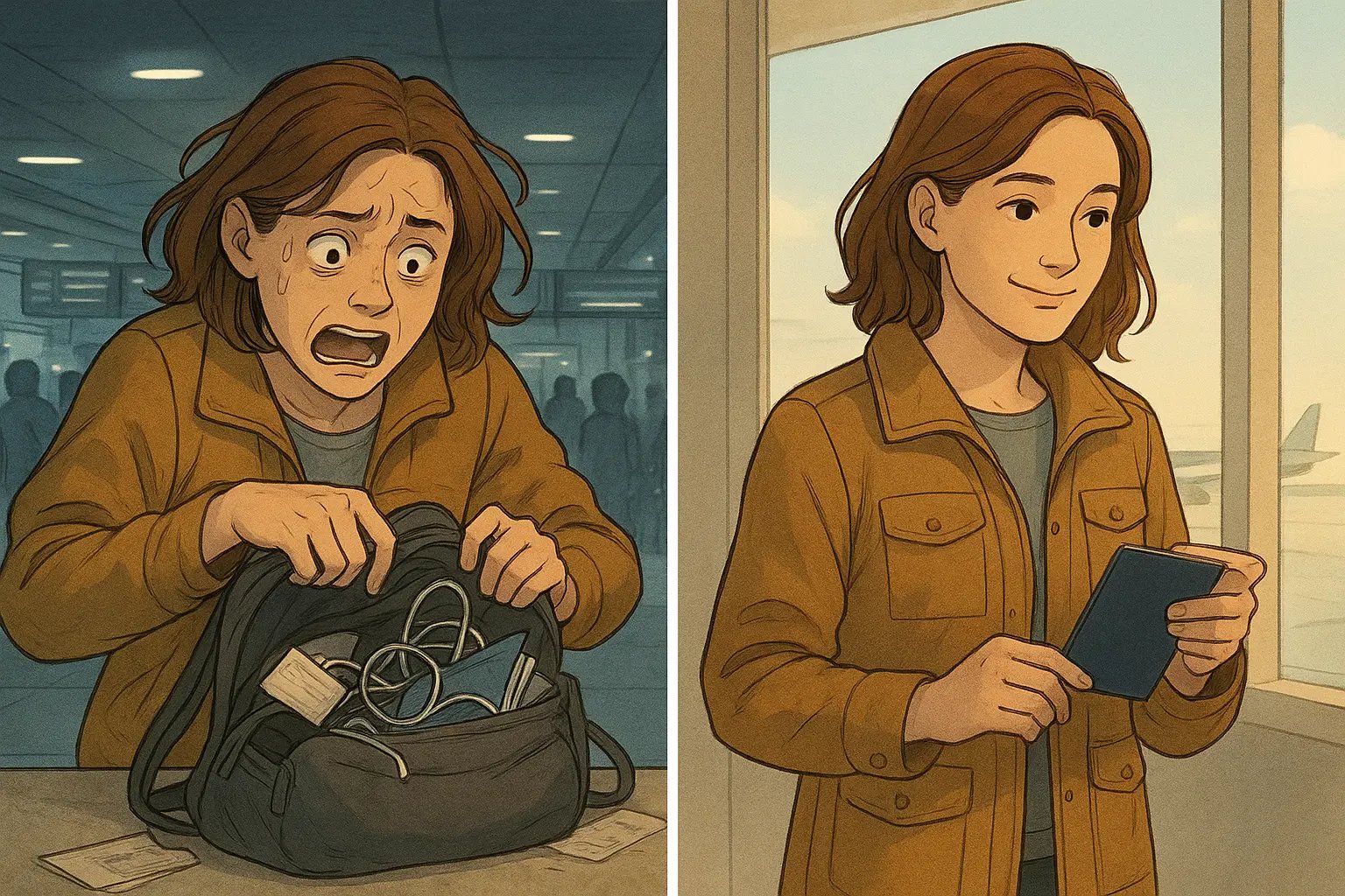 Woman confidently retrieving passport from organised travel jacket pocket at peaceful airport terminal