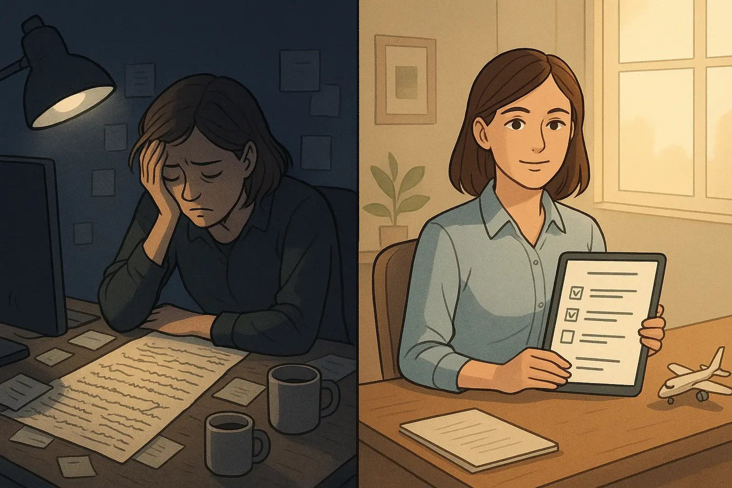Split-panel showing a professional's transformation from overwhelmed at a messy desk to calm with an organised aviation-style checklist
