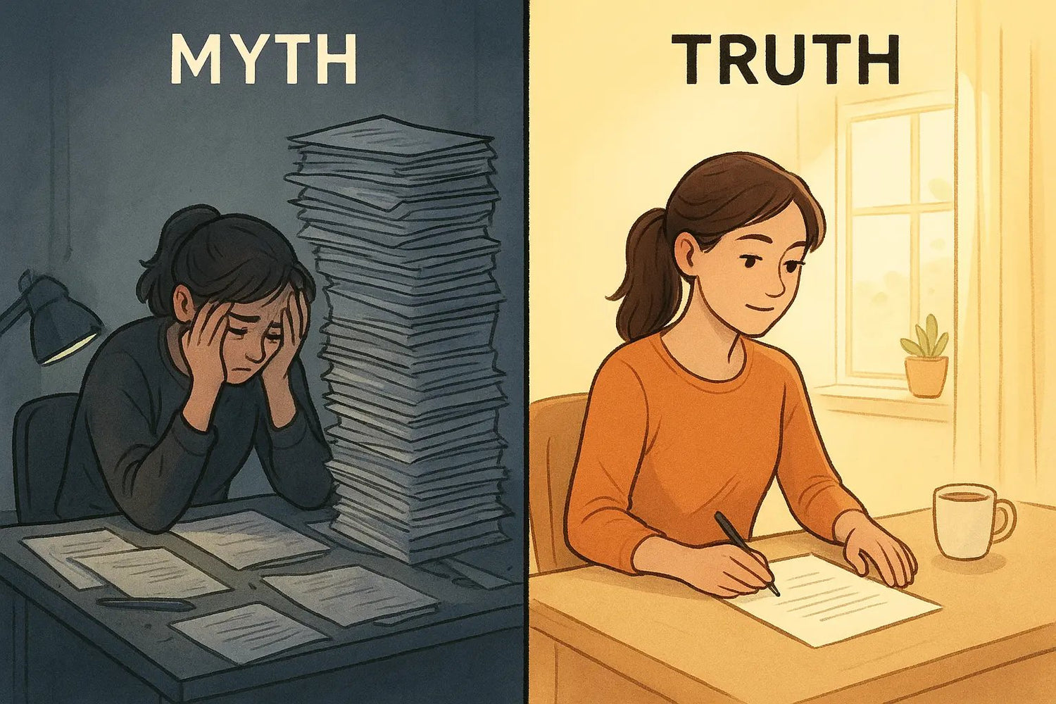 A woman transitions from overwhelmed by paperwork in a dim room to calmly focused on one task in a bright, organised space.