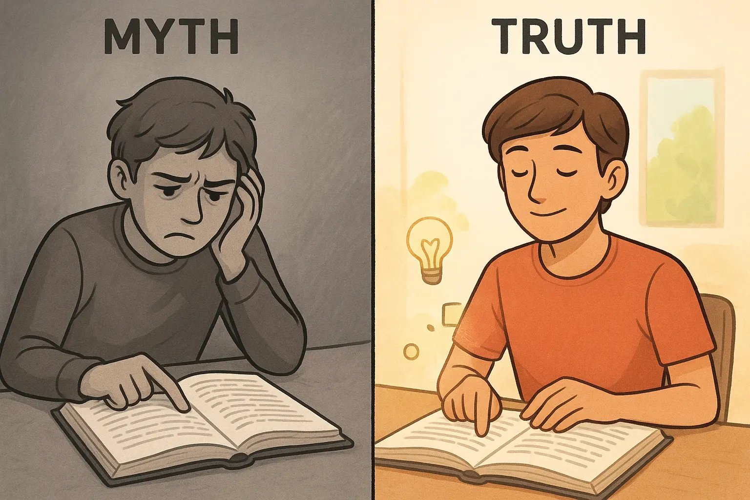 Side-by-side comparison showing a student reading slowly word by word versus reading confidently with direct concept absorption