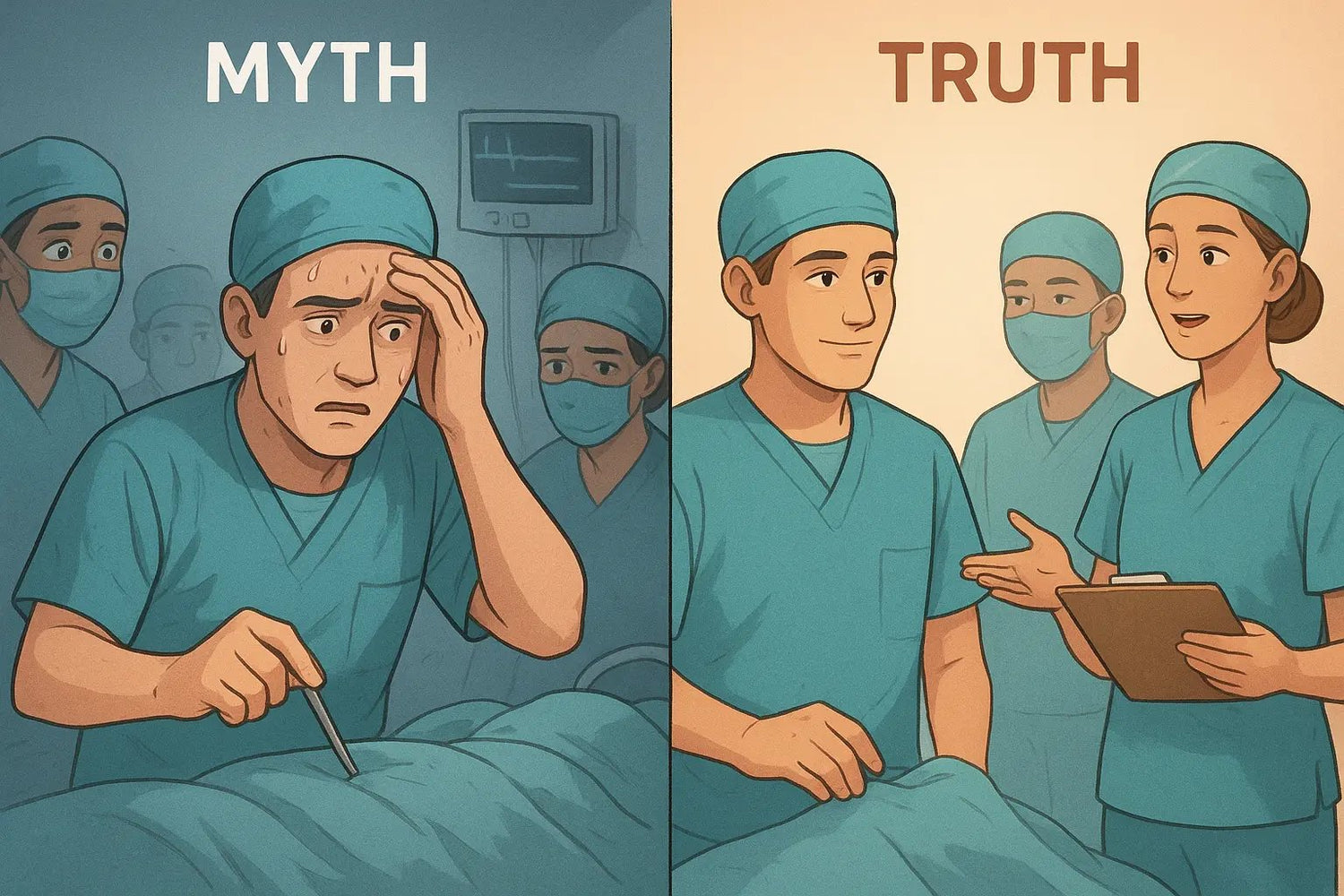 Side-by-side comparison of a stressed surgical team missing steps versus a calm team using a simple checklist successfully.