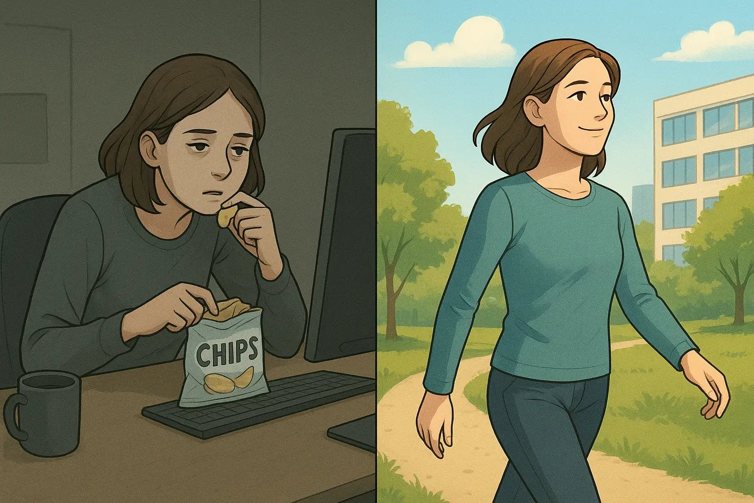 Woman at desk mindlessly snacking versus same woman taking a refreshing walk outside, showing contrast between boredom and genuine satisfaction.