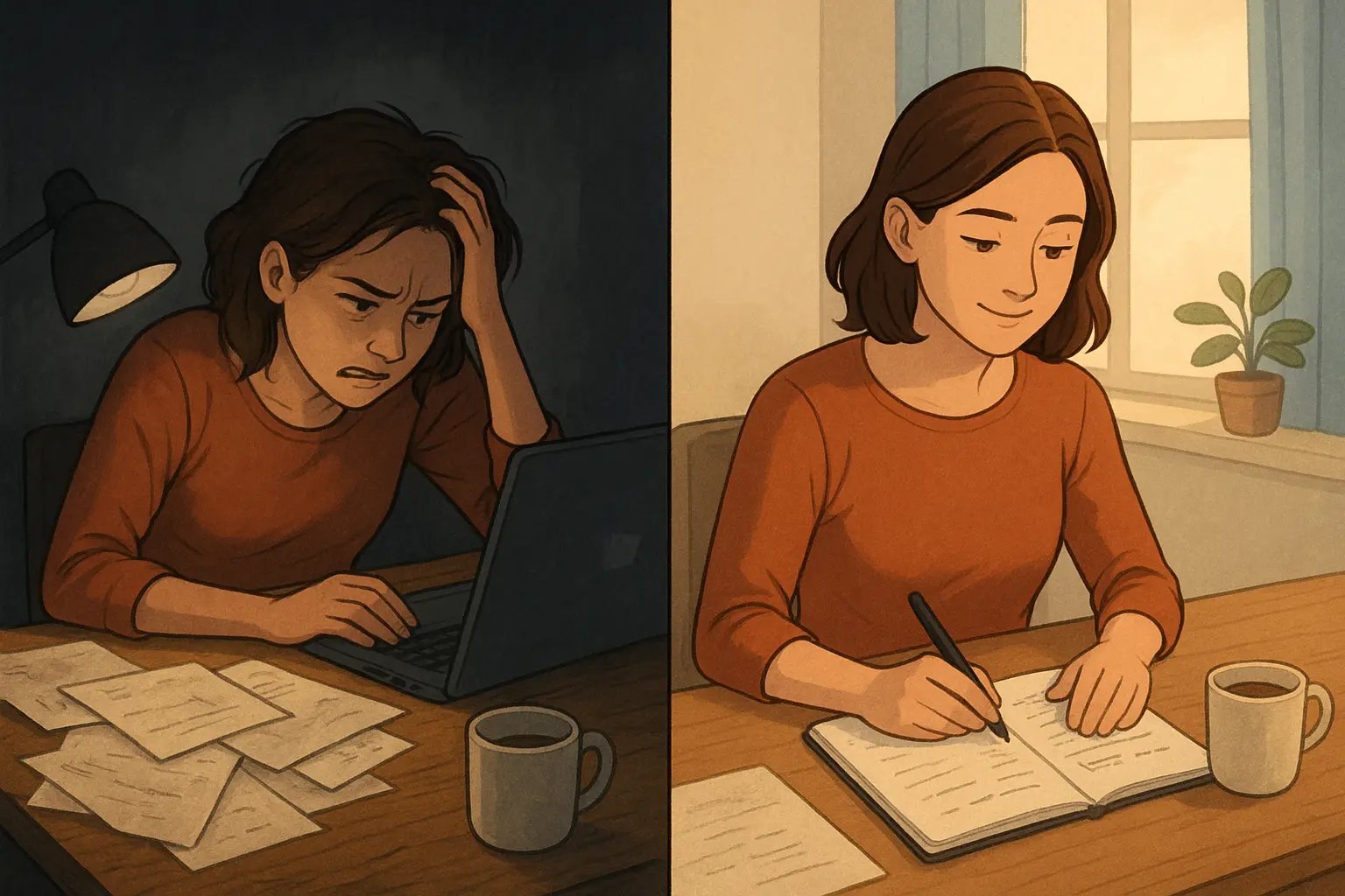 Woman at tidy desk using two-column notebook, looking calm and focused with organized plan, representing split-page planning transformation.