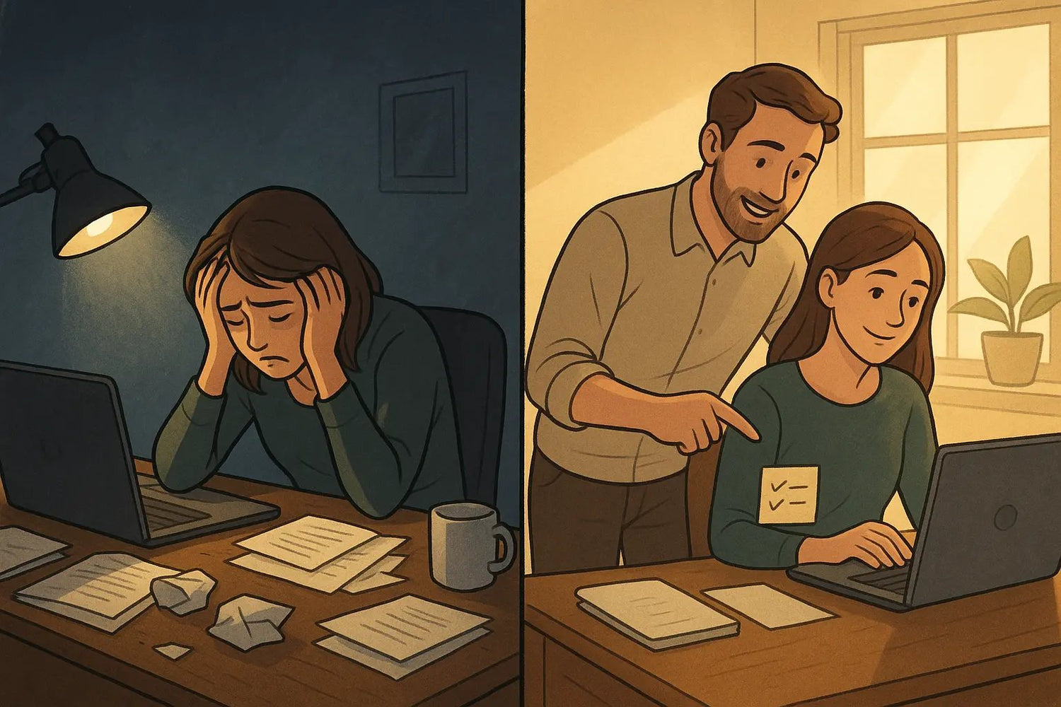 Split panel showing woman's transformation from overwhelmed at messy desk to calm with supportive partner helping organise tasks