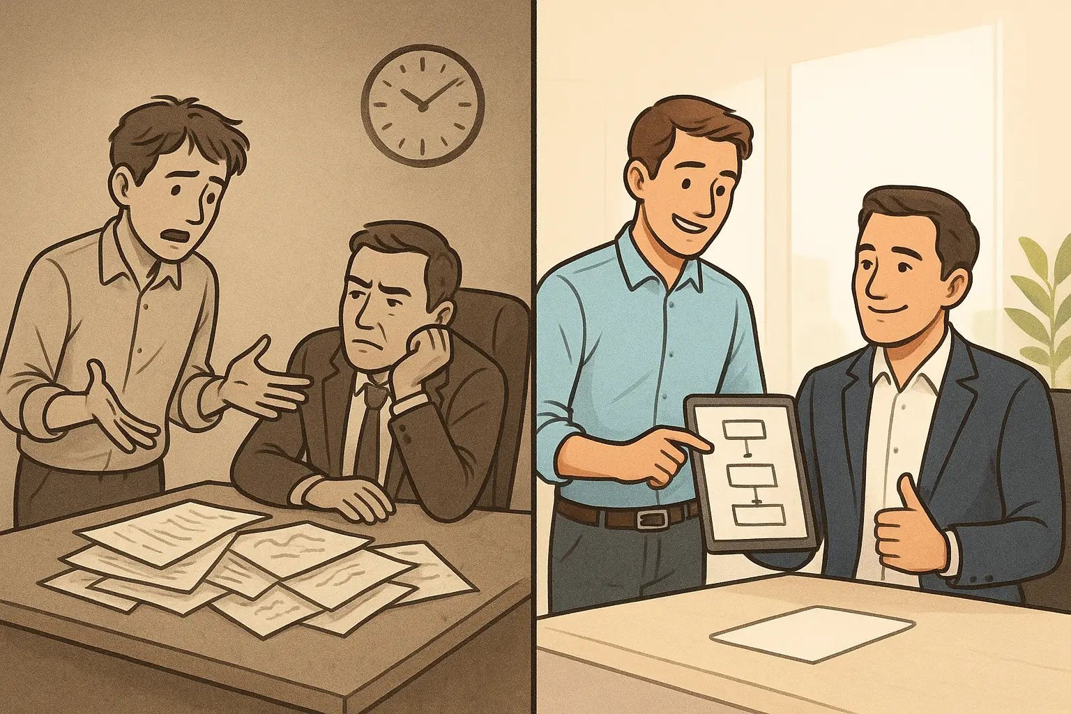 Two contrasting office scenes: stressed employee presenting problem versus confident employee presenting clear solution to supportive manager